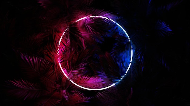 Neonowy świecący okrąg pierścień w liściach palmowych tropikalne ciemne tło Niebieski fioletowy żółty zielony kolor Świecące liniowe wolumetryczne neonowe okrągłe koło renderowania 3d