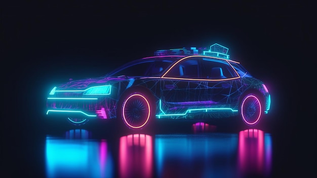 Neonowy świecący samochód na czarnym tle generowany przez sztuczną inteligencję