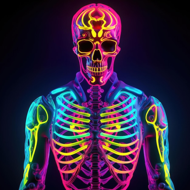 Neonowy szkielet ludzkiego tułowia na ciemnym tle wygenerowany ai
