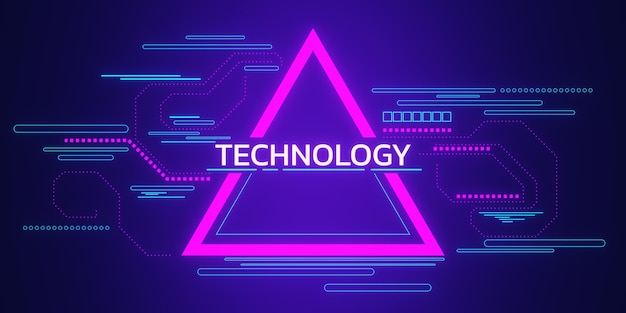 Neonowy trójkąt z tekstem technologicznym i abstrakcyjnymi liniami na ciemnym tle Rendering 3D