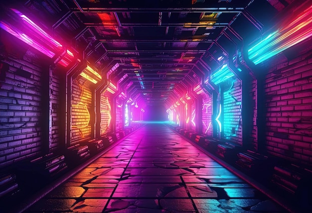 neonowy tunel przez stary budynek w stylu estetyki vintage