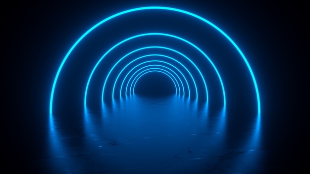 Neonowy tunel z niebieskimi okrągłymi kształtami podium droga z odbiciami