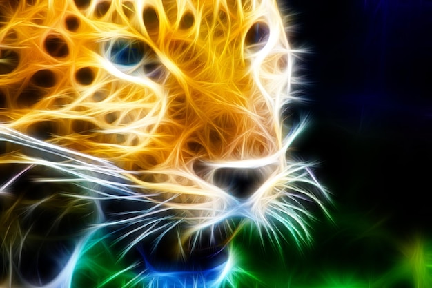 Neonowy tygrys na wolności, grafika liniowa, stworzona w Photoshopie.