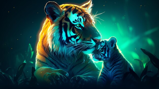 Neonowy Tygrys pieszczący swoje dziecko AI Wygenerowane zdjęcia
