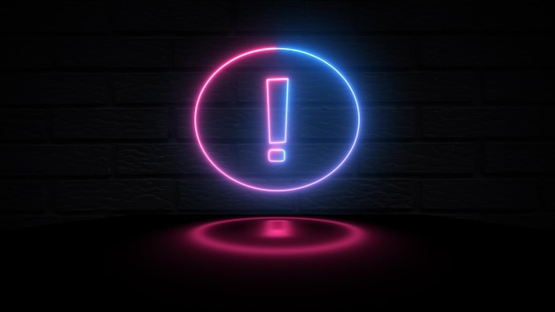 Neonowy znak wykrzyku Ilustracja neonowy znak ostrzegawczy Etykieta uwagi świeci na tle ceglanych ścian