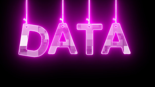 Neonowy znak z słowem DATA w kolorze różowo-fioletowym na ciemnym tle