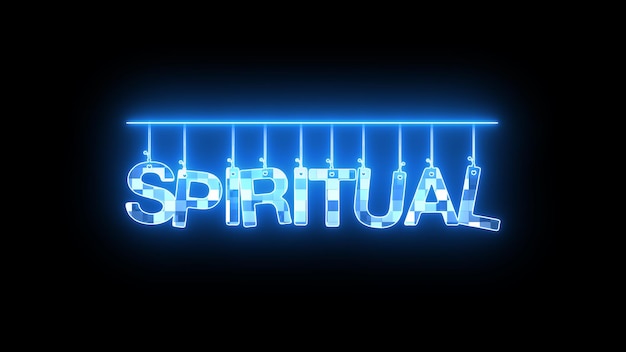 Neonowy znak z słowem SPIRITUAL świecący w niebieskim świetle na ciemnym tle