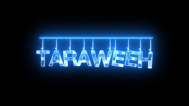 Neonowy znak z słowem Taraweeh świecący w niebieskim animowanym na ciemnym tle