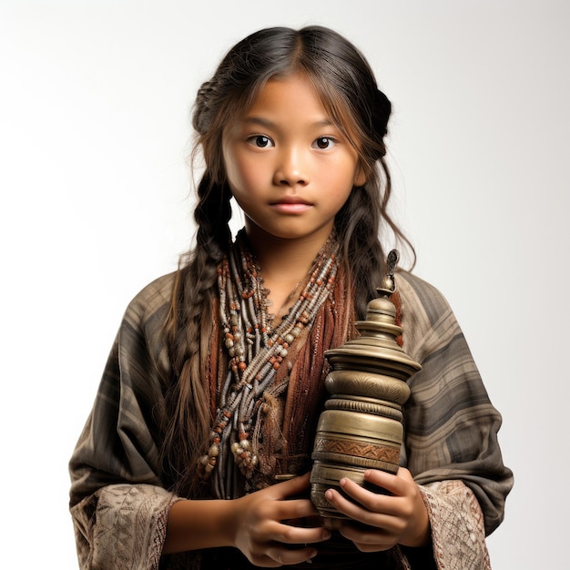Nepalska ośmioletnia dziewczyna trzymająca koło modlitewne