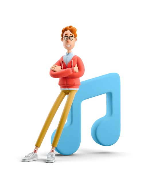 Zdjęcie nerd larry z dużą ikoną muzyczną ilustracją 3d