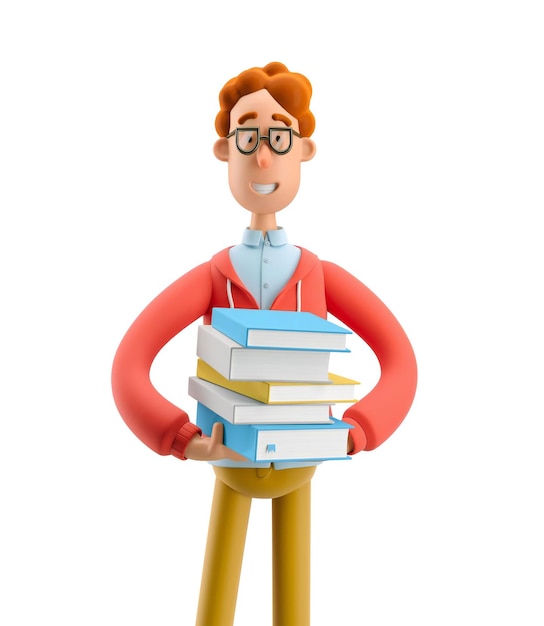 Zdjęcie nerd larry z ilustracją książki 3d koncepcja studiów i edukacji