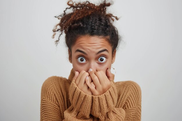 Zdjęcie nerwiczna afroamerykańska nastolatka i gryzienie paznokci w studiu z oops reakcją na plotki na białym tle błąd przepraszam dramat lub tajemnica z żalem wstyd lub niezręczne