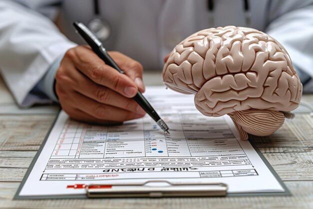 Zdjęcie neurochirurg trzymający model mózgu wyjaśniający procedurę chirurgiczną konsultacja medyczna