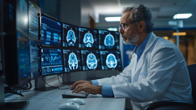 Neurolog analizujący skany mózgu na ekranie komputera w środowisku szpitalnym Koncepcja Neurologia Skany mózgu Technologia medyczna