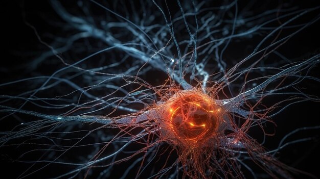 Neurony i synapsy wysyłające sygnały w świecącej sieci generatywnej sztucznej inteligencji