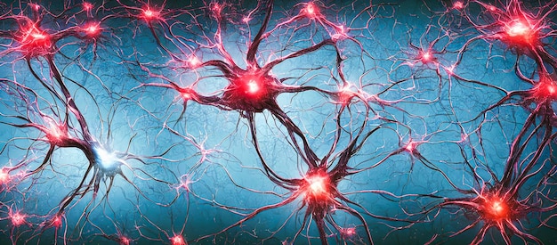 Neurony komunikują się ze sobą za pomocą sygnałów elektrochemicznych, renderowania 3d