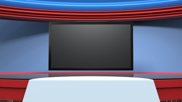 Zdjęcie news studio dla programów telewizyjnych tv na ścianie. wirtualne studio informacyjne 3d