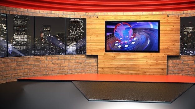 News Studio dla programów telewizyjnych TV na ścianie. Wirtualne studio informacyjne 3D