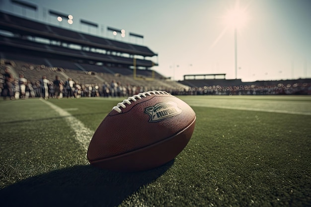 Nfl piłka na ziemi z amerykańskim stadionem piłki nożnej szeroki kąt