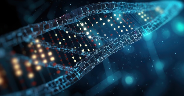 nić DNA przekształcająca się w kod binarny reprezentujący zbieżność biologii i technologii cyfrowej