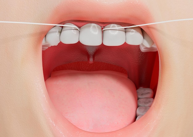Nici dentystyczne przechodzące między zębami w higienie jamy ustnej człowieka