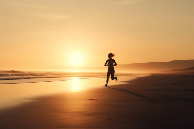 nie do poznania Kobieta jogging na plaży o wschodzie słońca