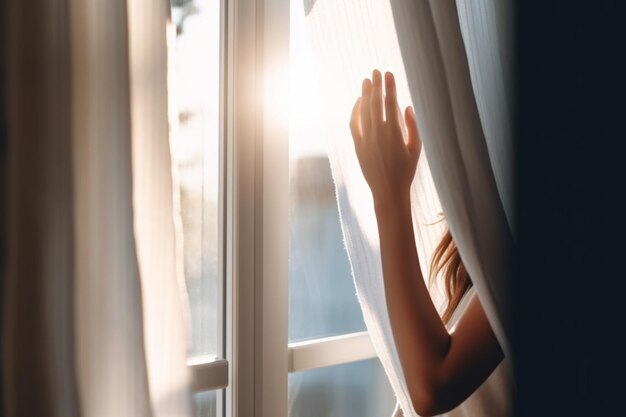 nie do poznania Kobieta otwierająca okno w porannym słońcu