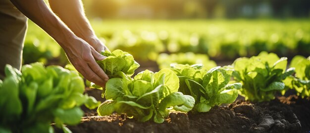 Nie do poznania pracownik płci męskiej w rękawiczkach zbierający świeżą dojrzałą sałatę na plantacji w gospodarstwie rolnym latem Generatywna sztuczna inteligencja