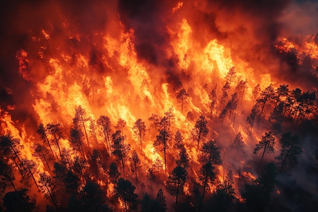 niebezpieczeństwo pożaru lasu w nocy klęska żywiołowa spowodowana suszą widok z góry