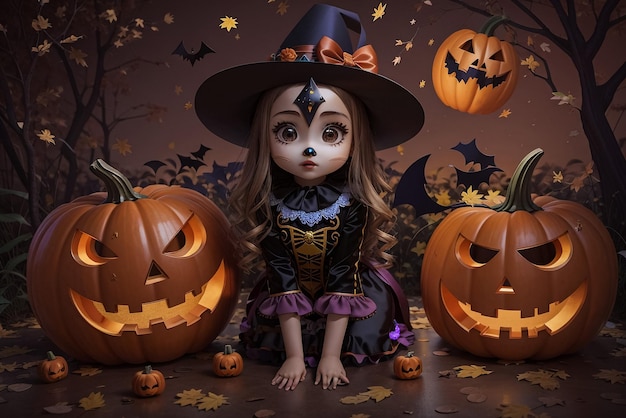 Niebezpieczna kobieta ubrana w czarny kostium i makijaż na Halloween, trzymająca wyrzeźbioną dynię odizolowaną od krzyku