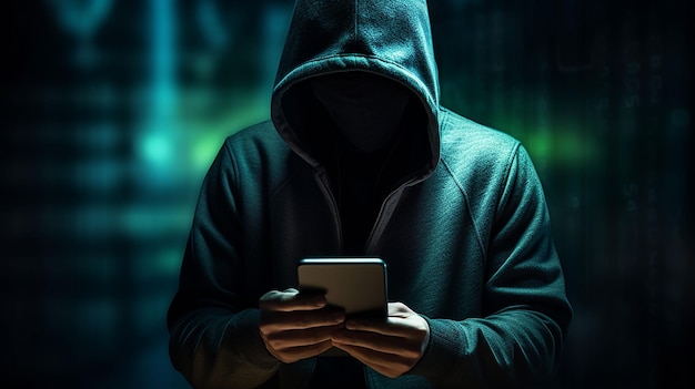 Niebezpieczny haker z kapturem ze smartfonem w ręku Internet cyber przestępczość cyber atak