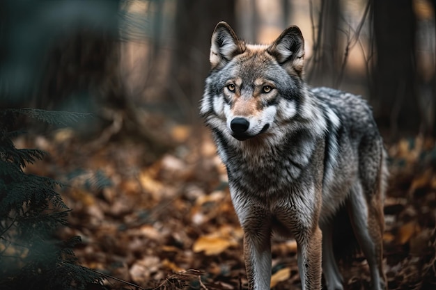Niebezpieczny szary wilk biegający dziko w lesie Zbliżenie zwierzęcia Canis Lupus z przeszywającym okiem i