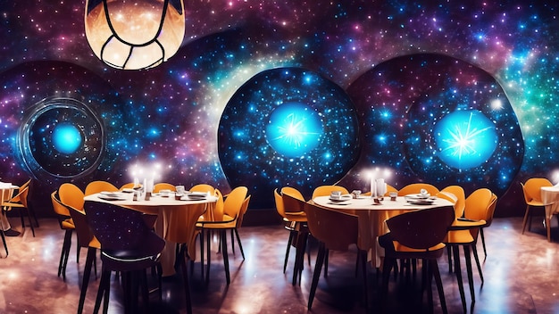 Zdjęcie niebiańska jadalnia ozdobiona kosmicznymi malowidłami muralowymi, żyrandolami z gwiazdami generative ai