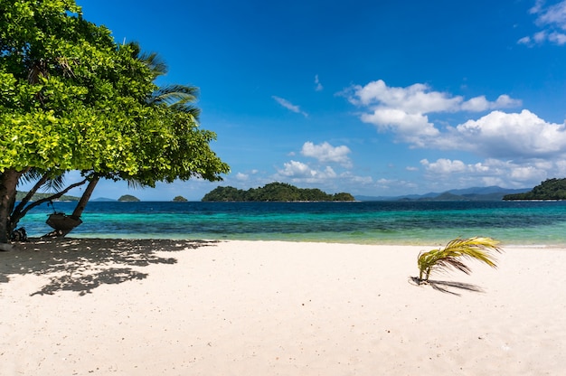 Niebiańskie miejsce z hamakiem na bezludnej białej plaży na morskiej wyspie na Filipinach