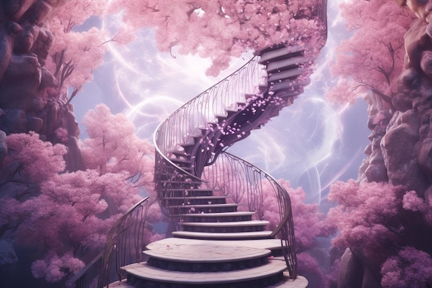 Niebiańskie spiralne schody z eterycznymi kwiatami 00061 03