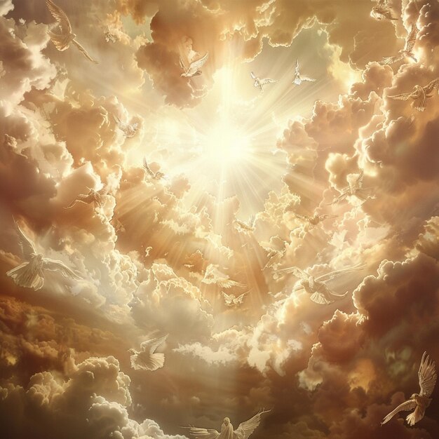 Niebiańskie światło wśród ptaków i chmur Zdjęcie wygenerowane przez sztuczną inteligencję