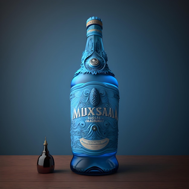 Niebieska butelka mixas aala stoi na stole.