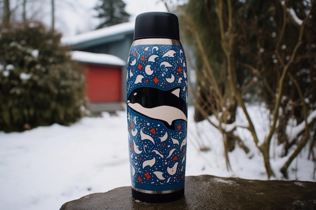 Zdjęcie niebieska butelka termosowa z wzorem wieloryba orki