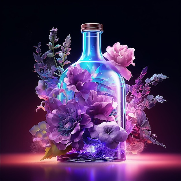 Niebieska butelka z fioletowymi kwiatami