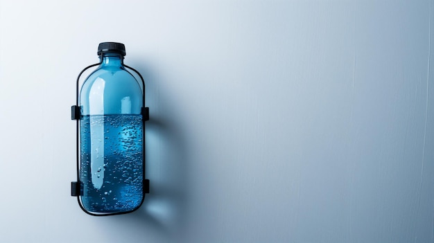 Zdjęcie niebieska butelka z wodą kondensowaną zabezpieczona czarnym uchwytem na blado-niebieskiej ścianie