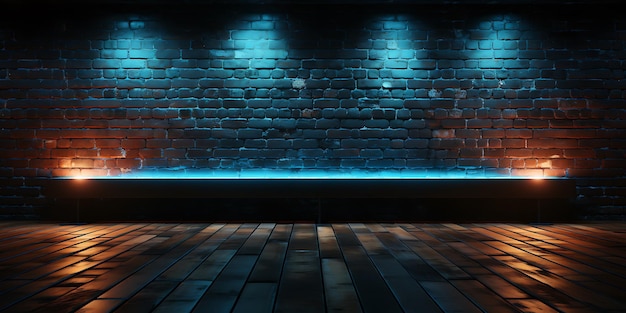 Niebieska ceglana ściana i podłoga oświetlone reflektorami 3D