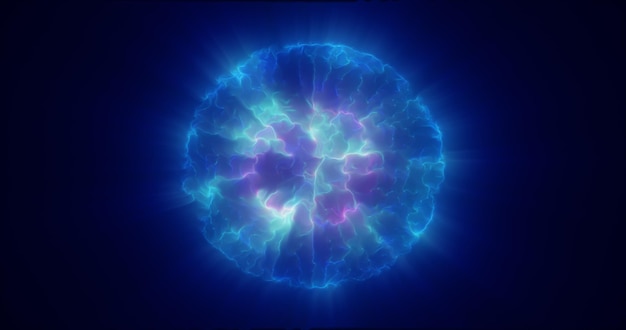 Zdjęcie niebieska energia świecąca sfera futurystyczny atom z elektrycznych cząstek magicznych i fal energetycznych tła