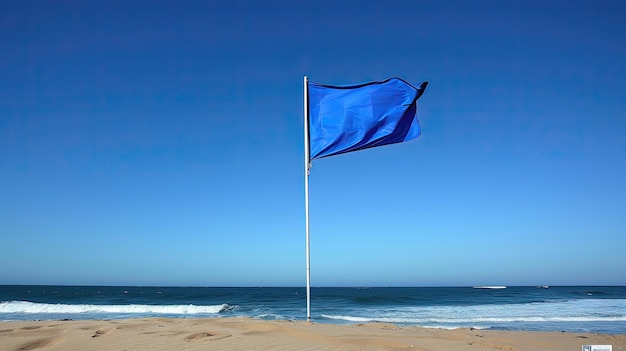 Zdjęcie niebieska flaga macha na plaży.