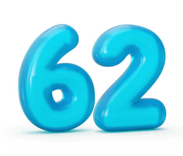 Niebieska galaretka cyfra 62 sześćdziesiąt dwa na białym tle galaretki kolorowe alfabety numery dla dziecka