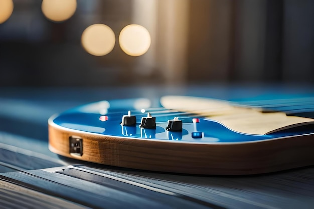 Niebieska gitara z drewnianą ramą siedzi na drewnianym stole.