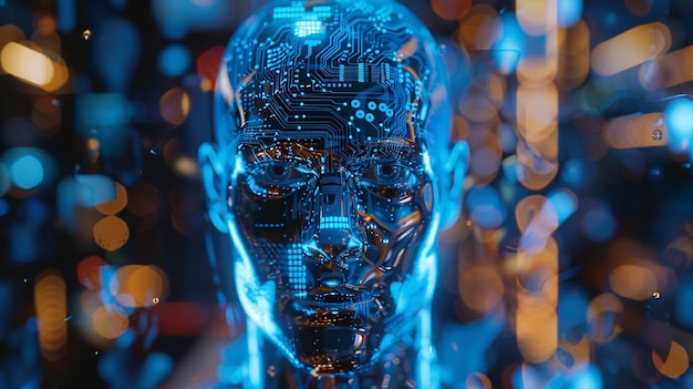 niebieska głowa robota z słowami " lg " na nim