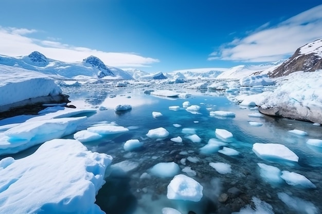 Niebieska góra lodowa z unoszącym się w niej lodem i napisem lód.