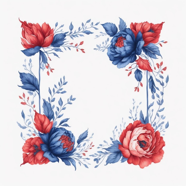 Niebieska i czerwona akwarela kwiatów ramka kwadratowa kształt kwiatowy ramka AI generowany