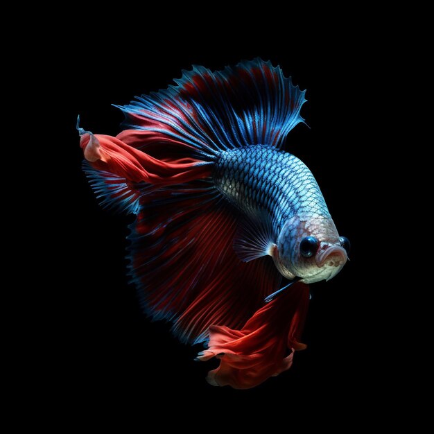 Niebieska i czerwona ryba betta z czarnym tłem