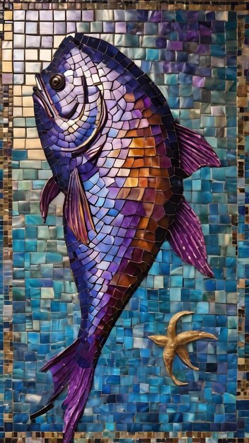 Niebieska i fioletowa mozaika z rybą na niej